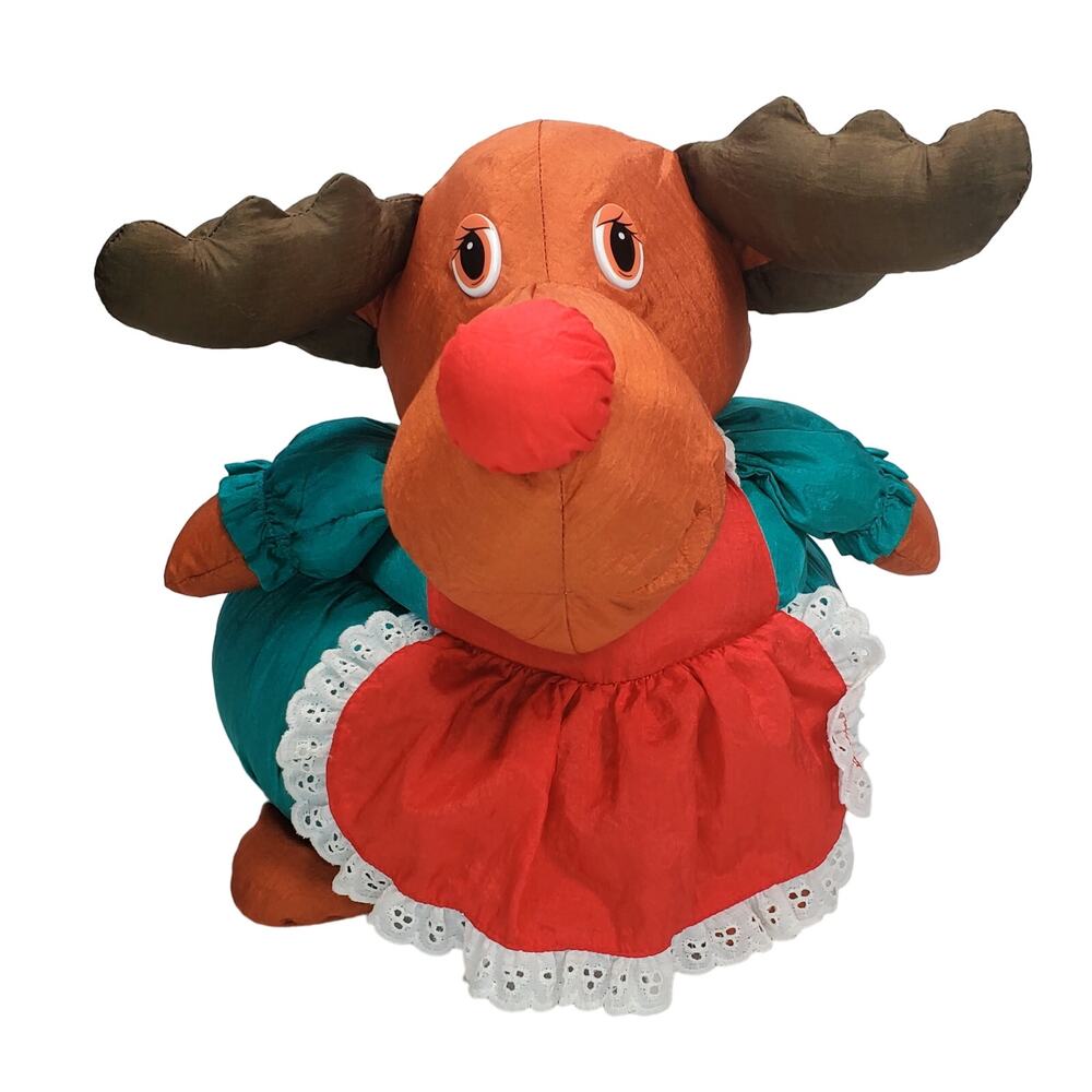 Vtg Parachute Material Plush Reindeer Trinket Box Nylon Basket Christmas 12"